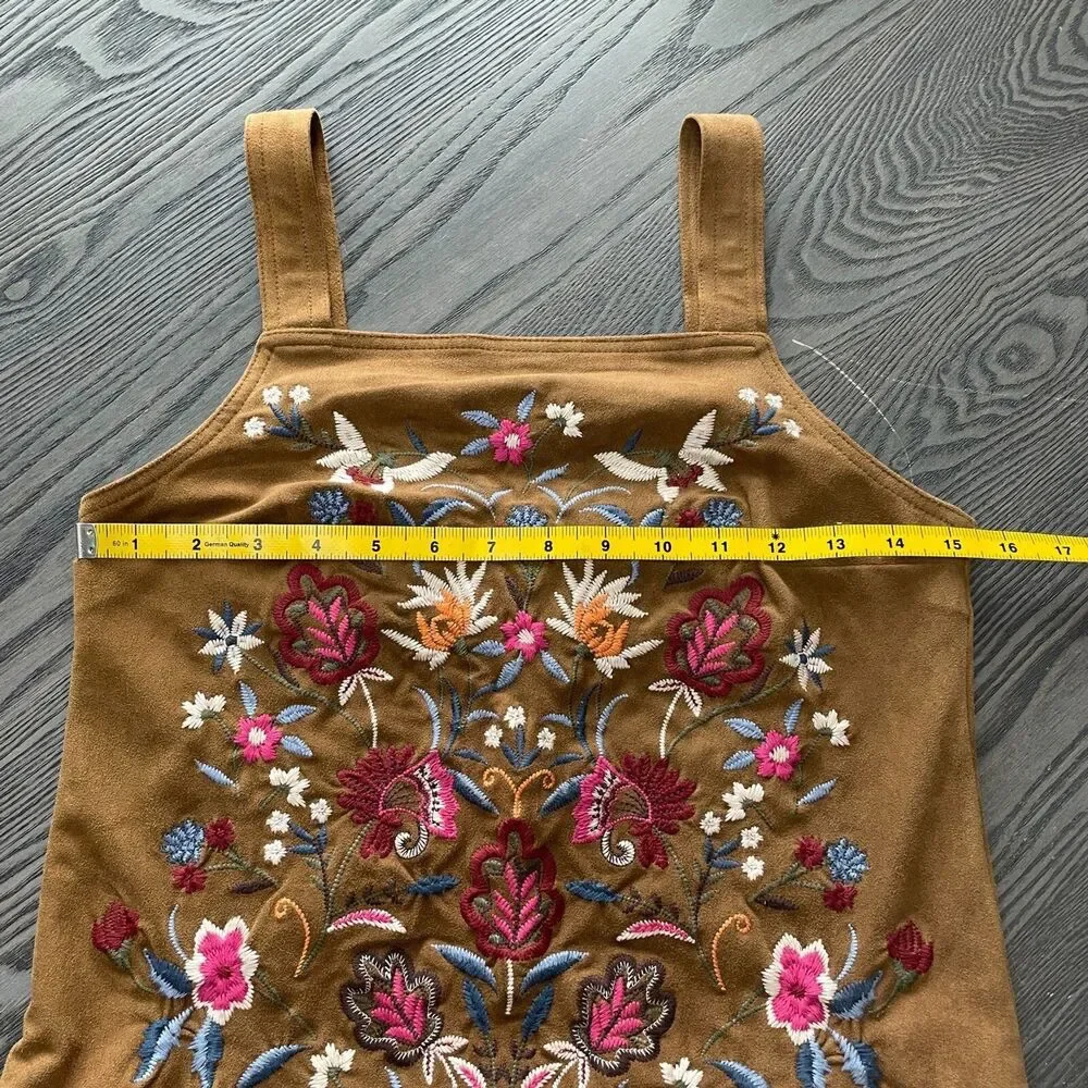 Abercrombie and Fitch Womens 00 Faux Suede Floral Embroidered Boho Dress 90s Y2K